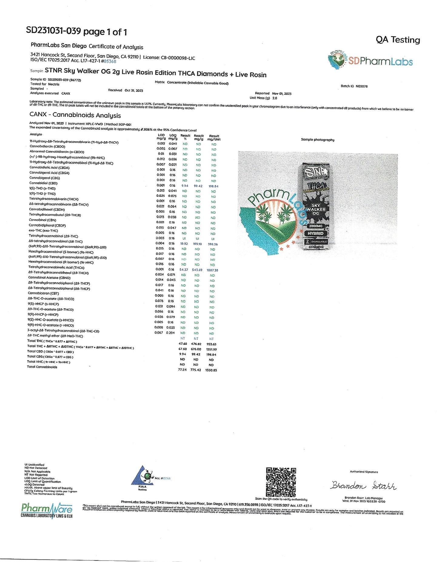STNR ~ THCA - Skywalker OG (Sativa) 2 gram Live Resin & THC Diamonds Disposable Vape